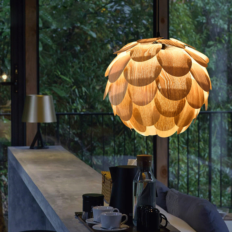 Nordic Wooden Single Globe Pendant Lights with Scale Accents