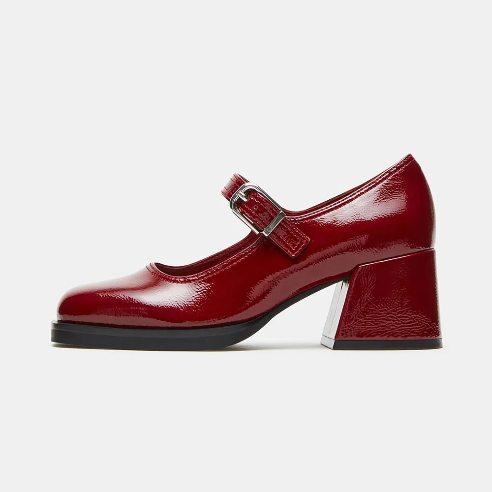 Vegan Leather Square Toe Mid Block Heel Mary Jane Red Pumps