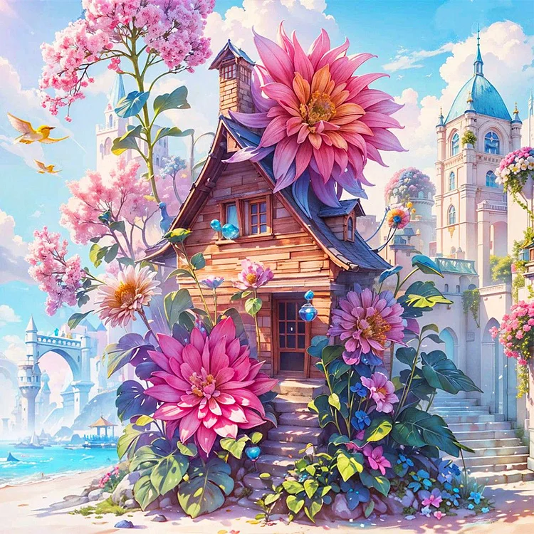 Serenity Flower And Cabin 40*40CM (Canvas) Full Round Drill Diamond Painting gbfke