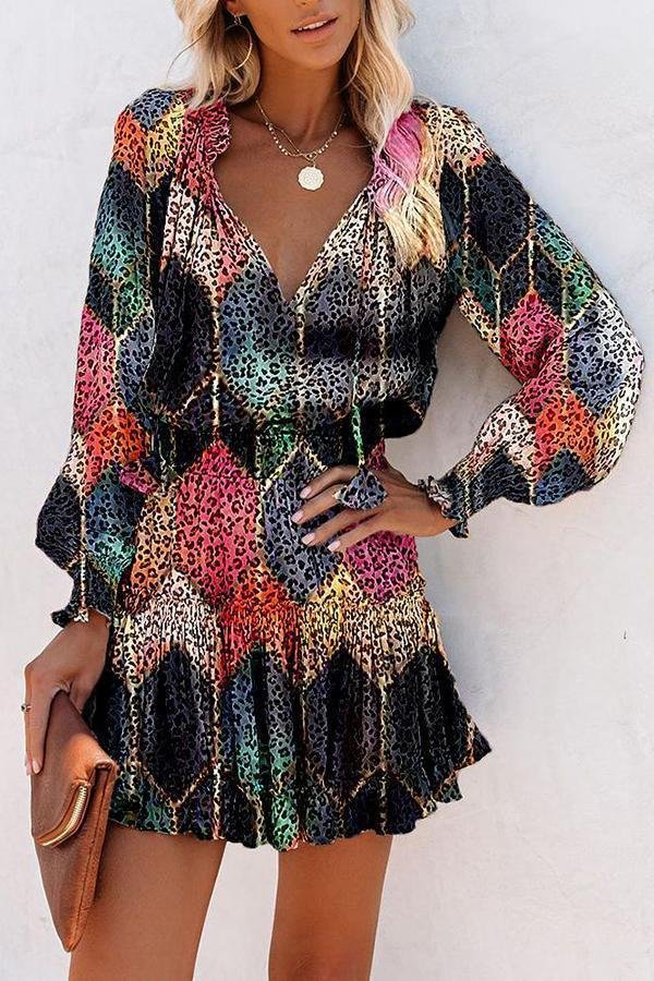Womens Stylish Colorful Leopard Print V Neck Dress-Allyzone-Allyzone