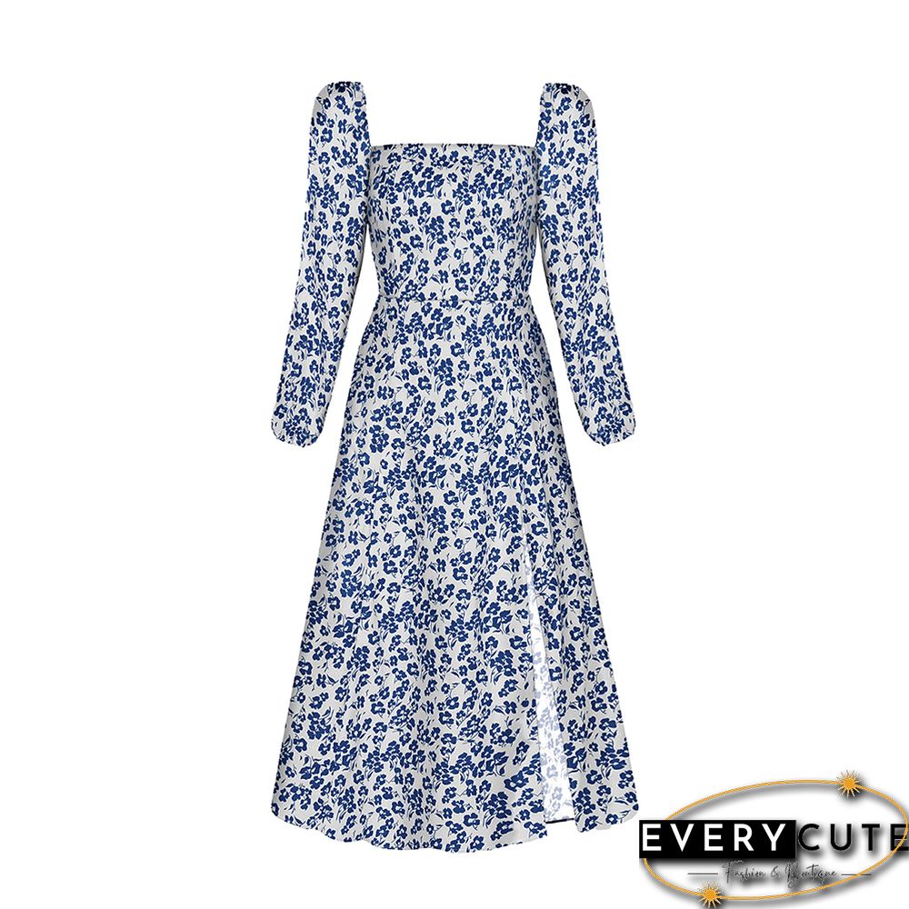 Light Blue Square Neck Digital Print Slit Floral Dress