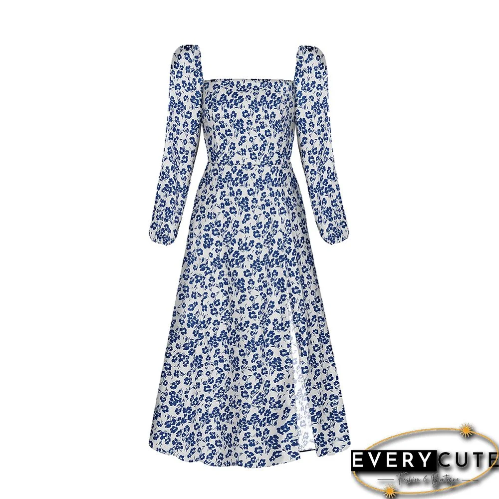 Light Blue Square Neck Digital Print Slit Floral Dress