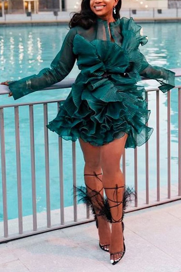 Plus Size Green Party See-Through Long Sleeve Overlay Ruff Mini Dress [Pre-Order]