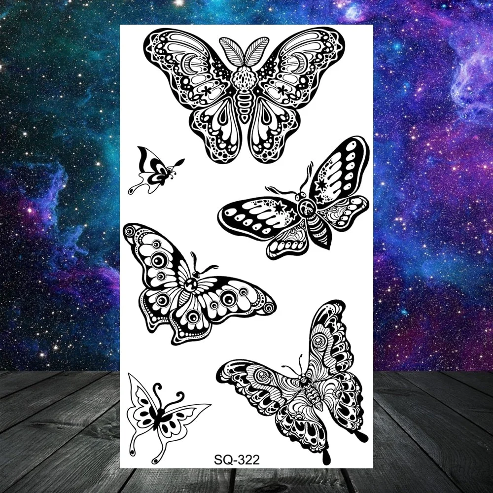 Black Butterfly Rose Flower Temporary Tattoos For Women Adult Men Cross Wings Anchor Whale Bow Fake Tattoo Hand Washable Tatoos