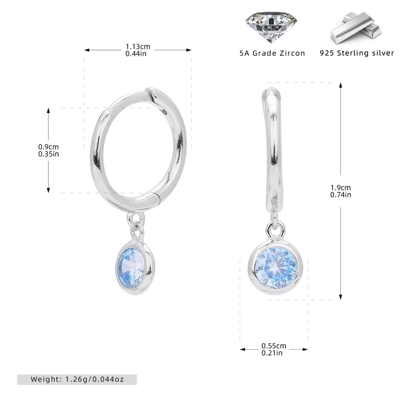 1 Pair 925 Sterling Silver Birthstone Round Drop Earrings
