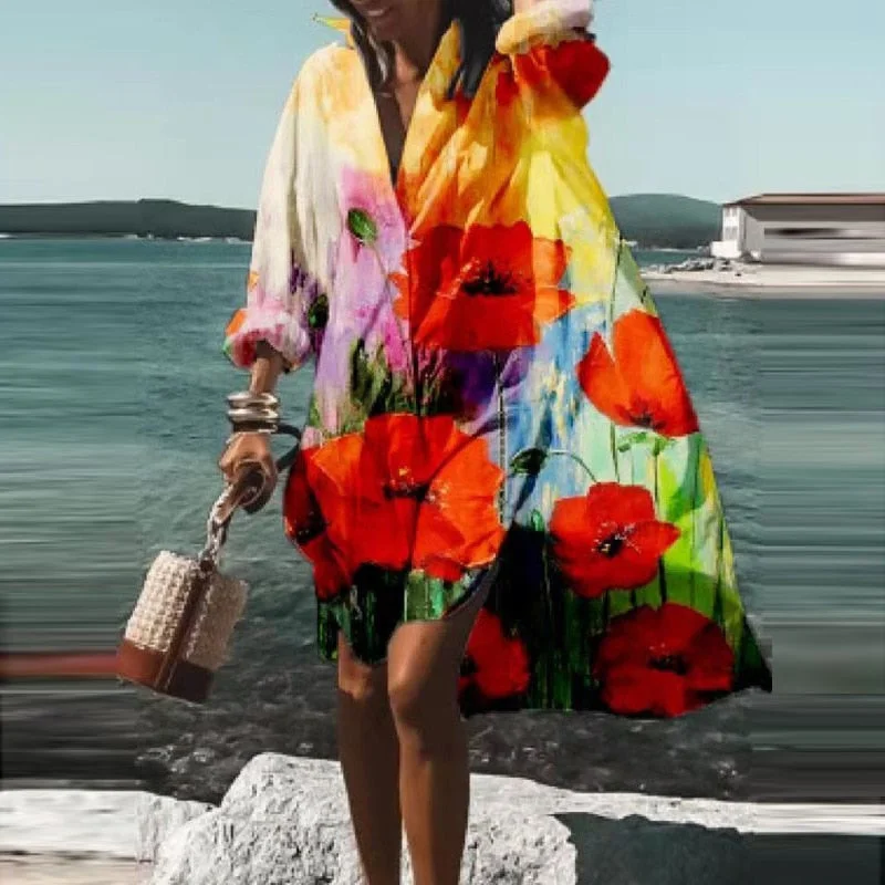 Women Buttons Shirt Dresses Autumn Elegant Floral Printed Long Sleeve Dress Ladies Casual Loose A-Line Beach Boho Dress Vestidos