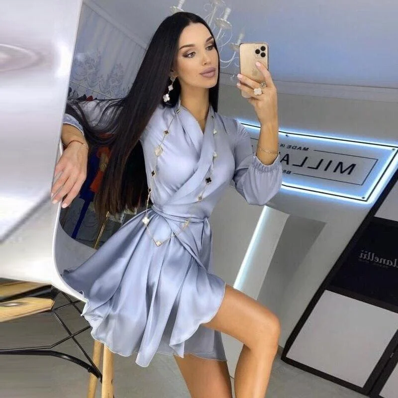 Women Sexy Fashion Sashes Satin A Line Mini Dress V Neck Front Cross High Waist Ruffles Elegant Dress 2021 Spring Women Dress