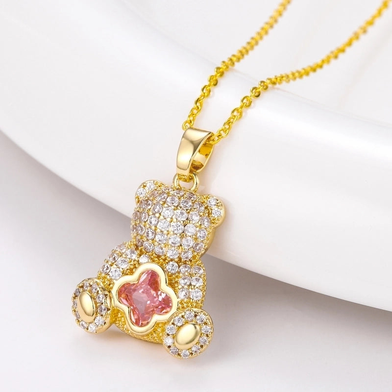 304 Stainless Steel Copper 18K Gold Plated Plating Inlay Bear Zircon Pendant Necklace