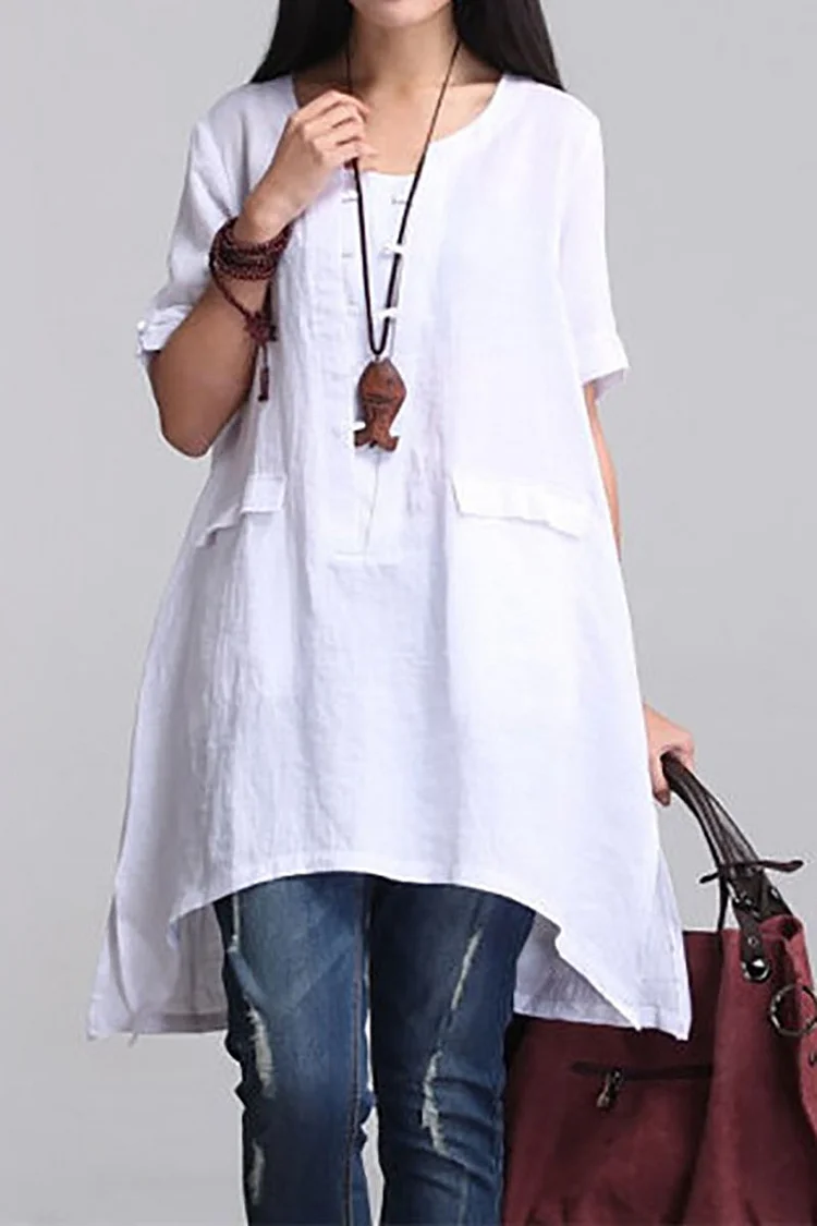Side Slit Asymmetric Hem Short Sleeve Linen Long Top