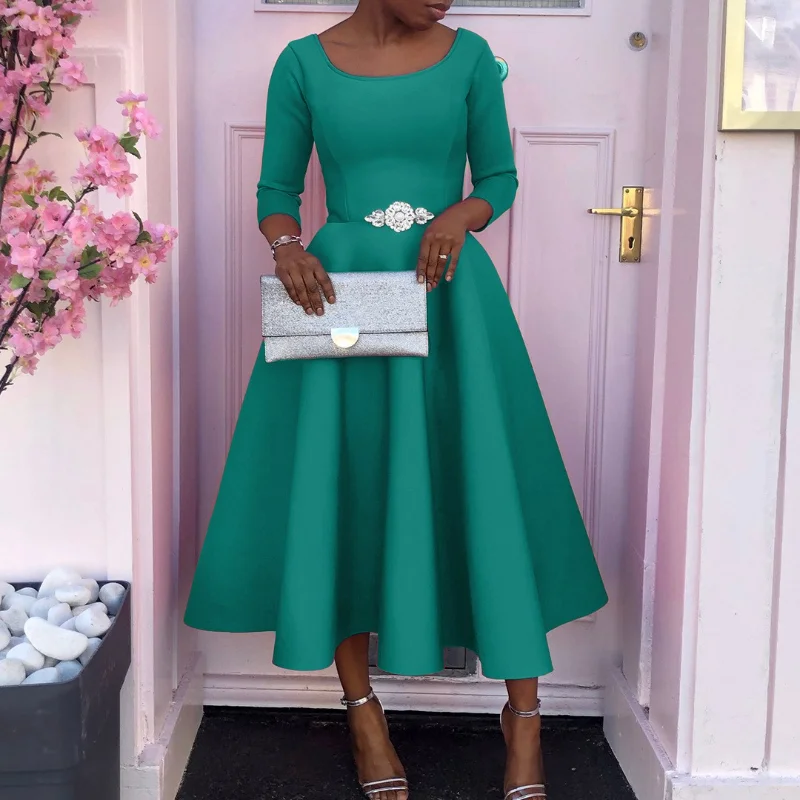 Elegant 3/4 Sleeve Evening Party Dress - Green