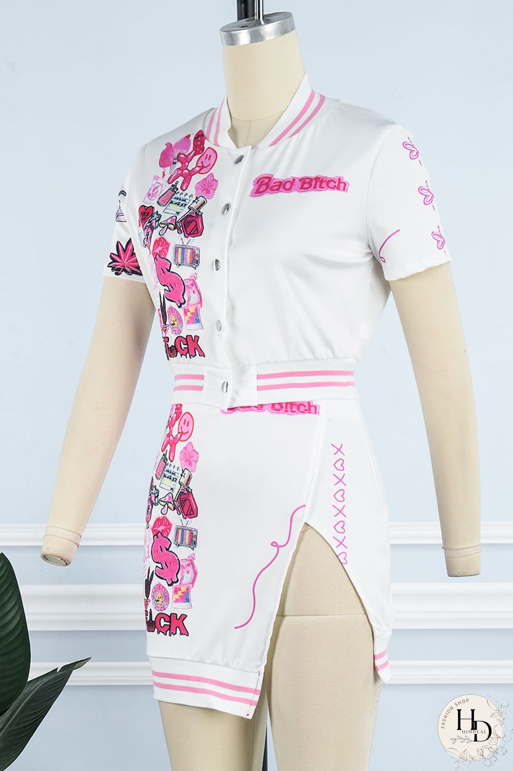 Black Sexy Print Patchwork Buckle Slit Short Sleeve Two Pieces