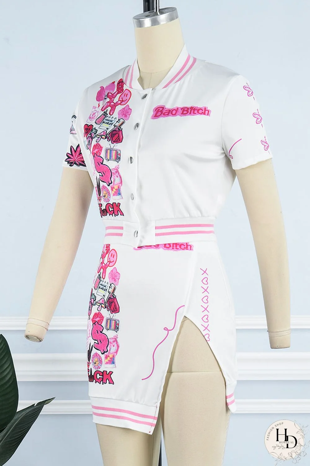 Black Sexy Print Patchwork Buckle Slit Short Sleeve Two Pieces