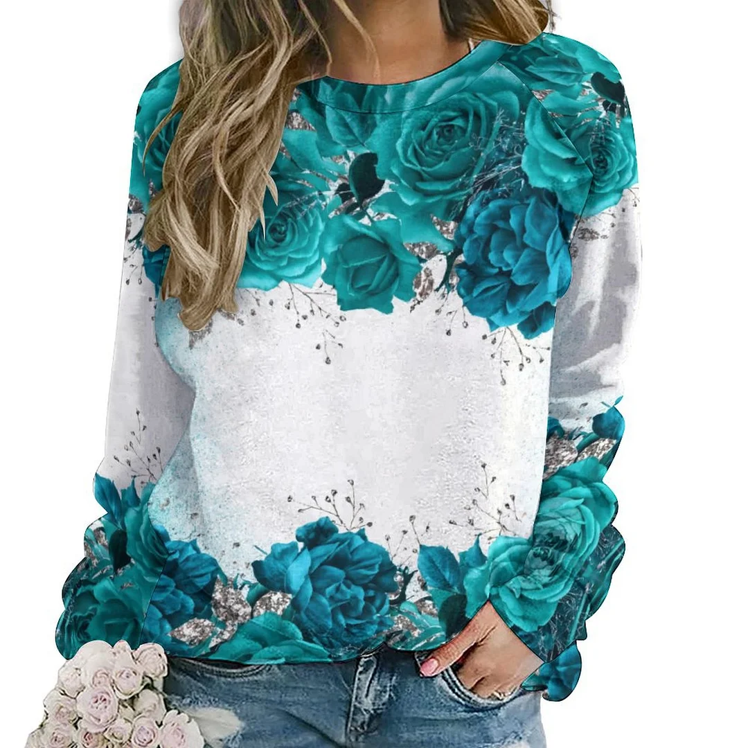Printed Long Sleeve Casual Sweatshirt for  Women and Men Unisex Pattern Turquoise, Floral, Rose