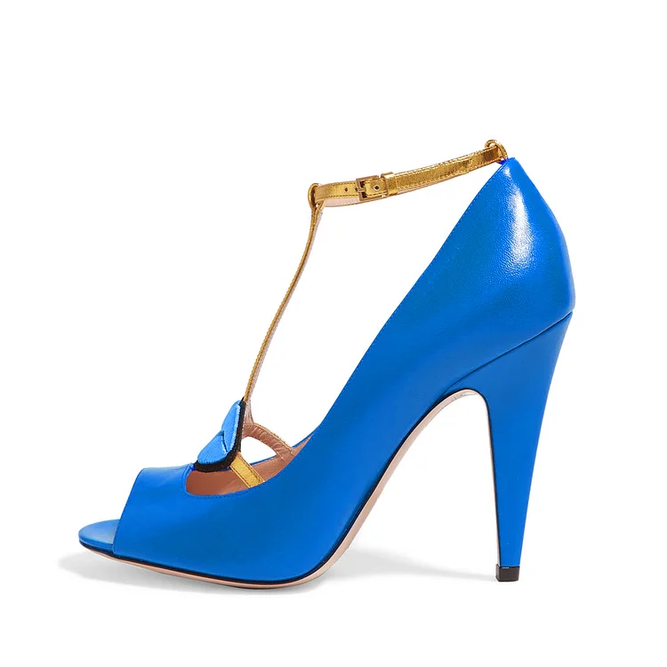 Women's Blue Embroidery Formal Cone Heel T-Strap Shoes |FSJ Shoes