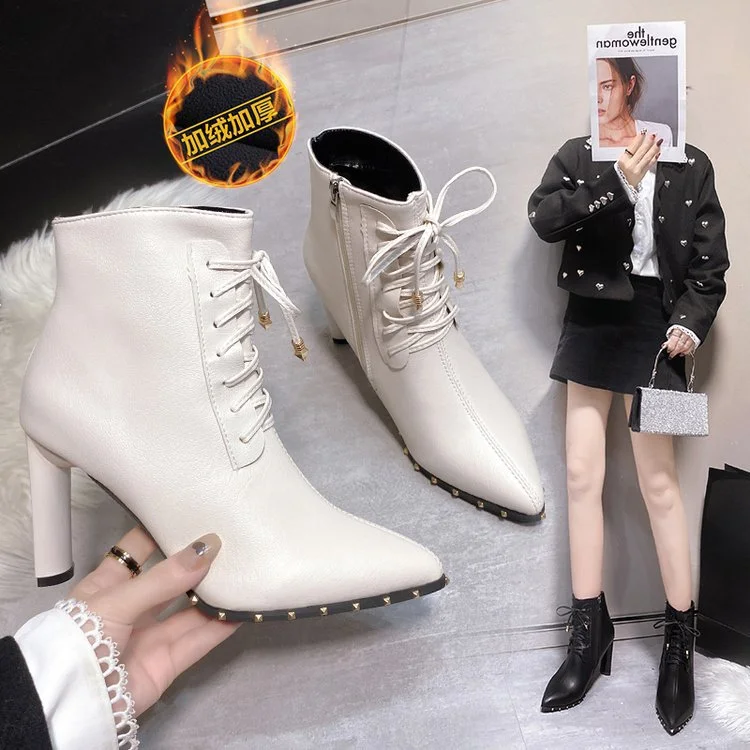 Wongn Wongn Women's Shoes Rivevet Tip With High Heel Ankle Boots Thick Heel Leather Boots Fashion Women's Boots