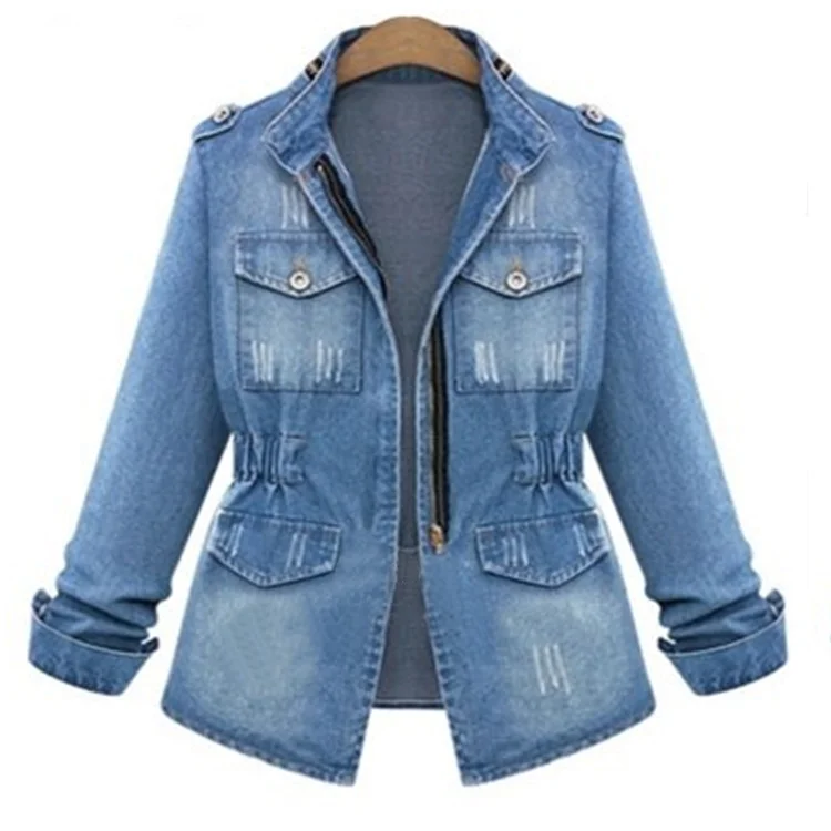 Womens Elegant Denim Jackets with Tight Waist Zipper Casual Denim Jacket Coat