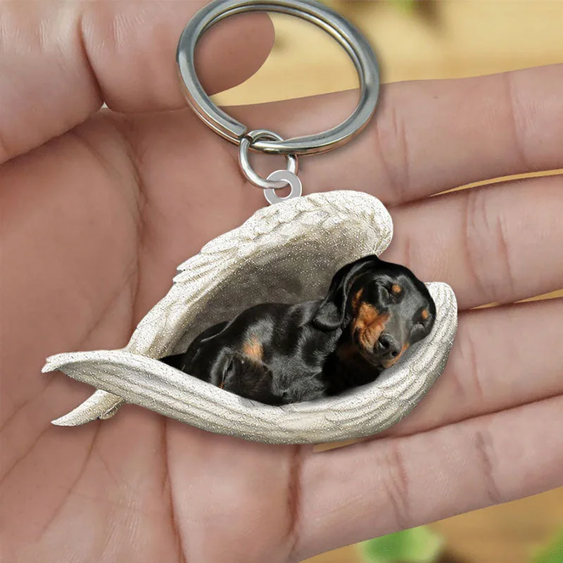 VigorDaily Sleeping Angel Acrylic Keychain Black and Tan Dachshund