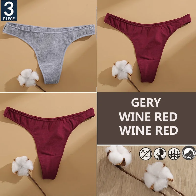 FINETOO 3PCS/Set Cotton Lingerie Women's G-string Underwear 7 Solid Colors Ladies Panties Female Low-Rise Woman's Thong Briefs