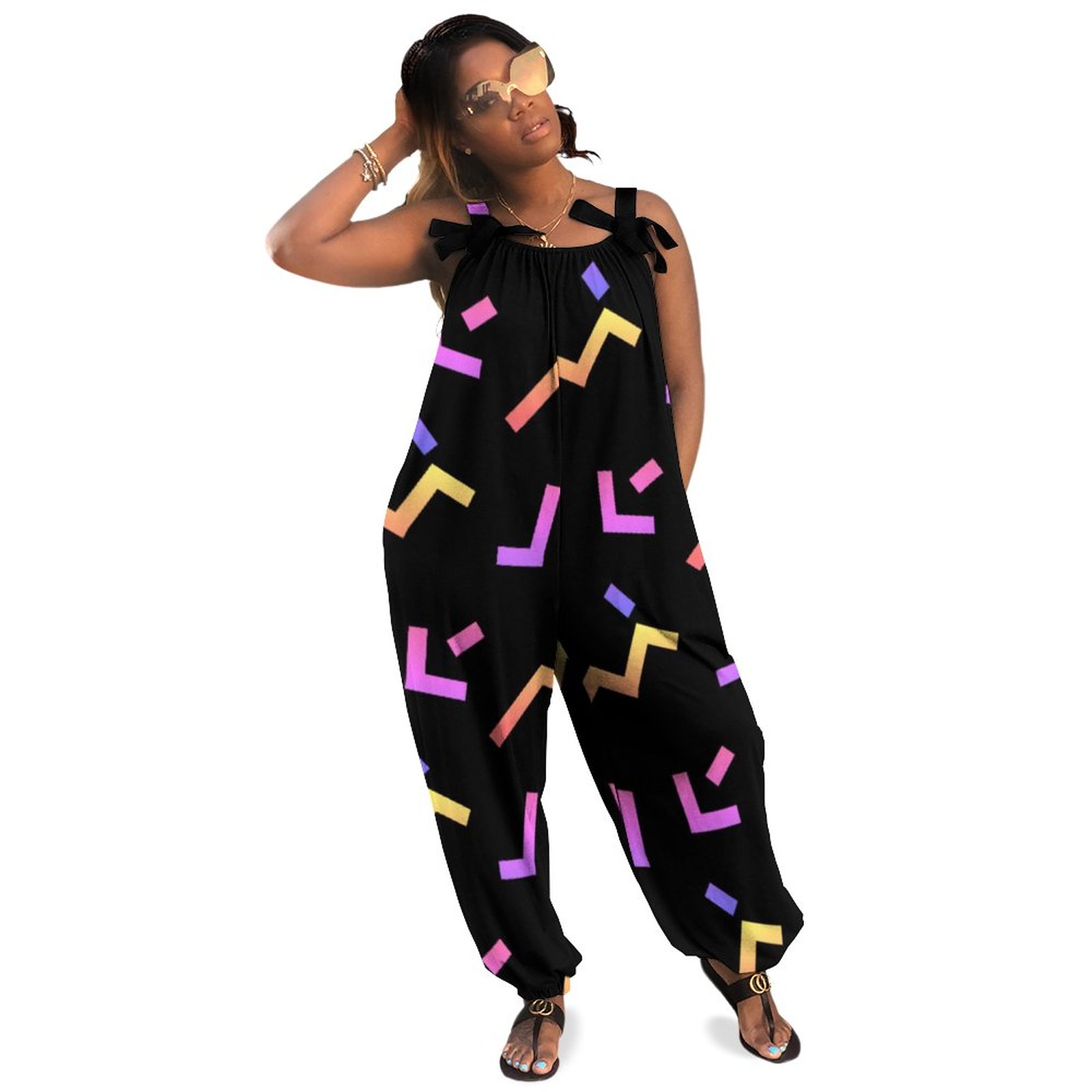 80S Style Pattern On Leggins Women Plus Size Jumpsuit Summer Loose Harem Pants Spaghetti Strap Jumpsuit Feather Jumpsuit Boho Casual Long Length