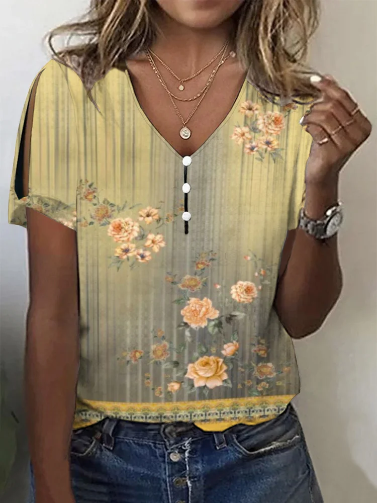 Women's V-Neck Pullover T-Shirt Vintage Retro Floral Print Tee