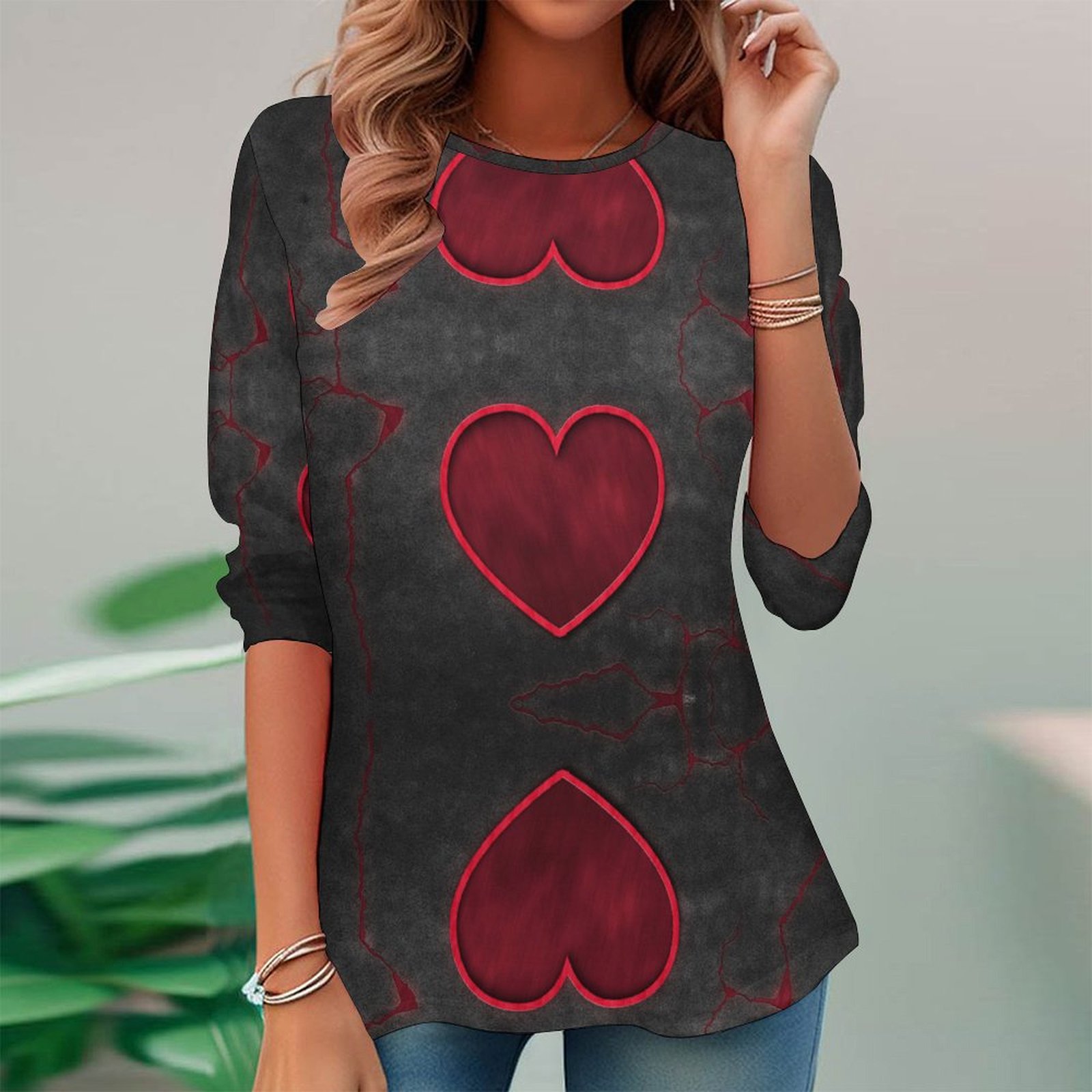 Women Long Sleeve V-neck Graphic Floral Printed Top