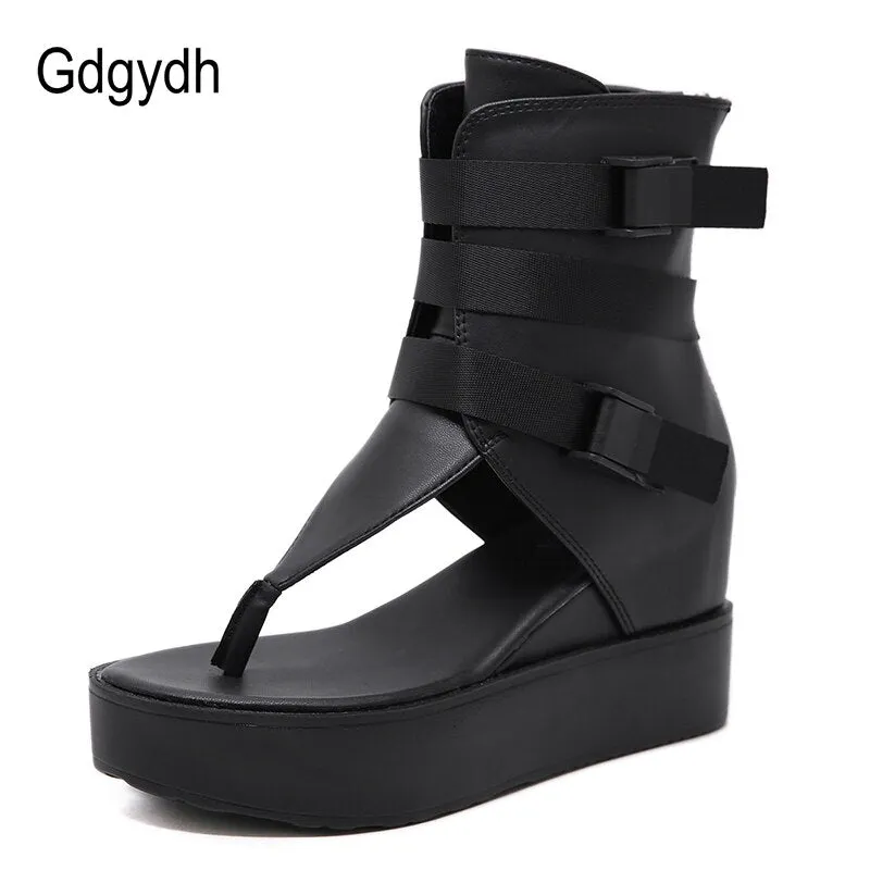 Gdgydh Platform Flip Flops Women Beach Sandals Ankle Strap Wedges Shoes For Summer Black Leather Vintage European American Zip