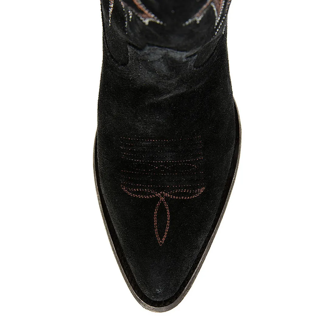 Black Pointed Toe Chunky Heel Wide Calf Cowgirl Boots with Embroidery
