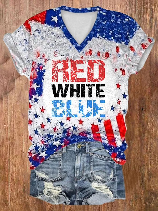 Vintage Red White Blue Stars 4th Of July V-neck Print Short Sleeve T-Shirt socialshop