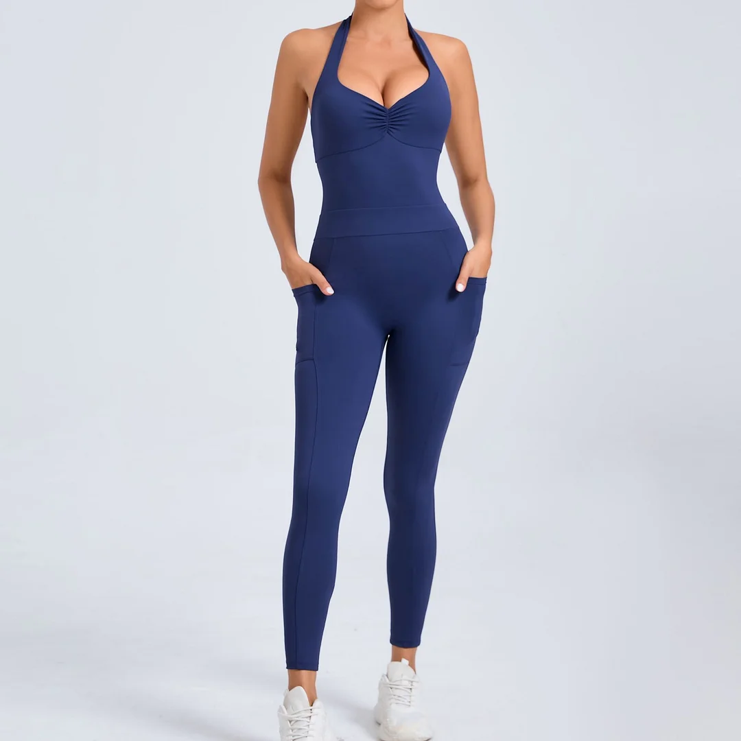Toloer Toloer Sand Hanging Neck Type Two Side Pocket Yoga Jumpsuit Female Dance Bare Back Fitness Tight Sports Jumpsuit-Outfit Ideas