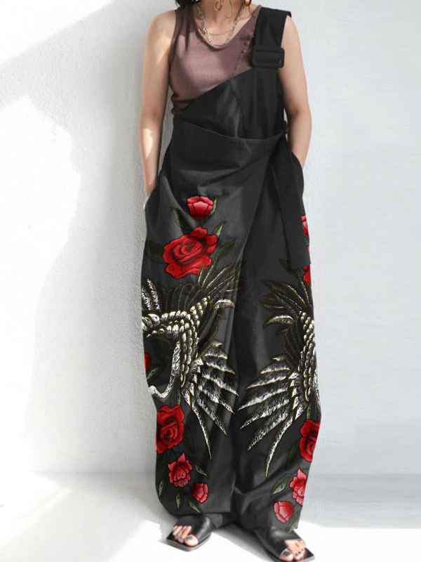Personality Single-Tie Printed Wide-Leg Jumpsuit