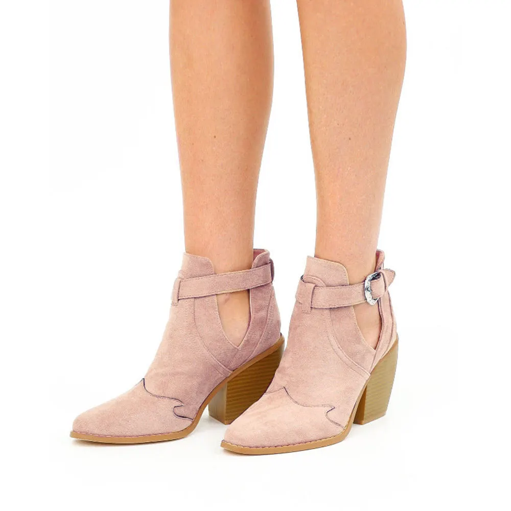 Nude Closed Toe Ankle Buckle Hollow-Out Heel Boots for Women