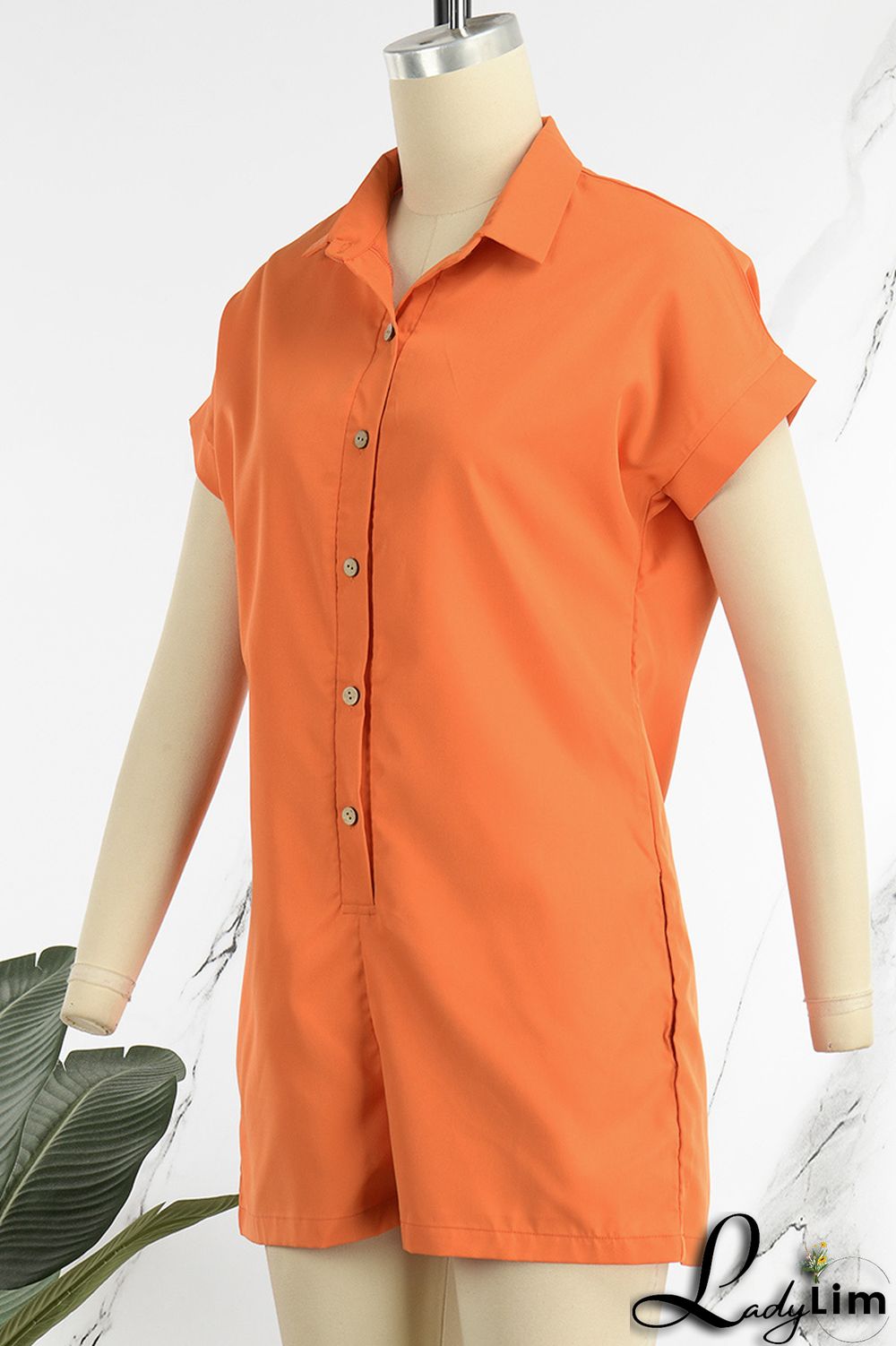 Orange Casual Solid Patchwork Turndown Collar Regular Romper