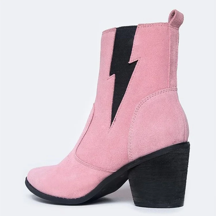 Pink Vegan Suede Black Lightning Block Heel Ankle Boots Western Boots |FSJ Shoes