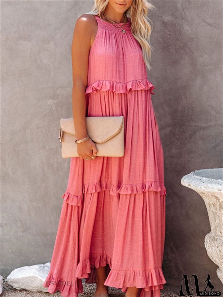MidiSono - Romantic Ruffles Swing Sleeveless Halter Maxi Dress for Women