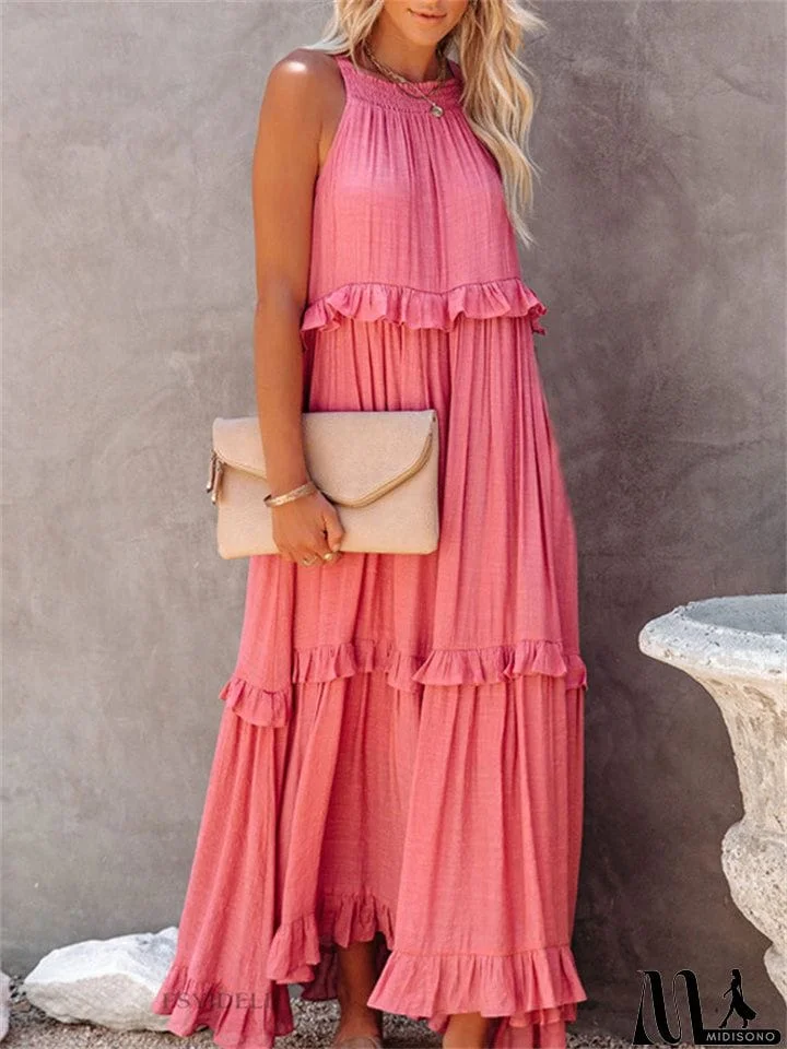 MidiSono - Romantic Ruffles Swing Sleeveless Halter Maxi Dress for Women