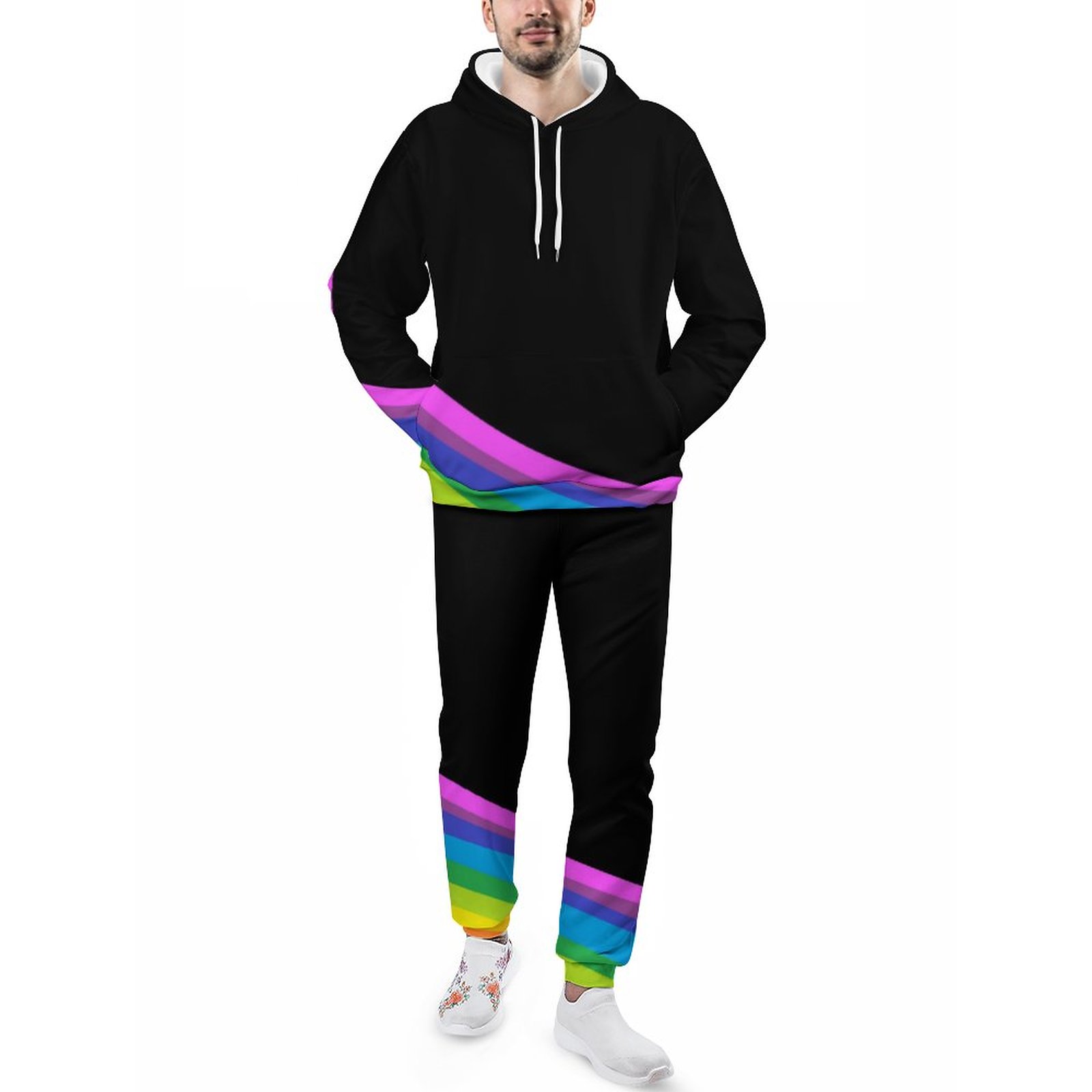 Rainbow Black And Rainbow Stretch Men's Sweatsuits Set Casual Athletic Pullover And Sweatpants Suit Outfit