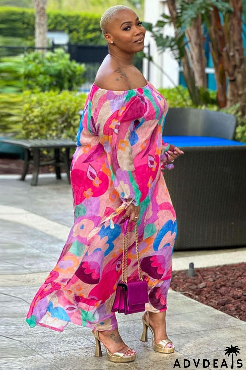 Abstract Floral Print Off Shoulder Long Sleeve Vacation Maxi Dress