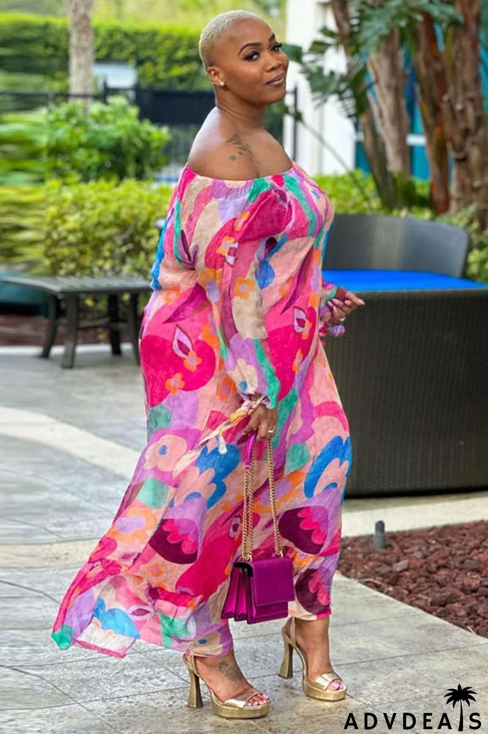Abstract Floral Print Off Shoulder Long Sleeve Vacation Maxi Dress