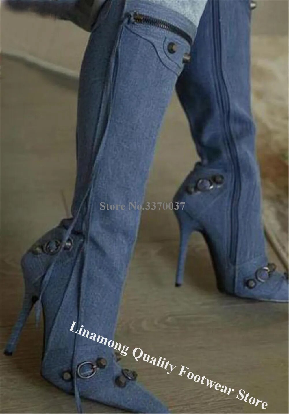 VCSHOES Denim Metal Rivets Buckles Knee High Boots Pointed Toe Blue Zippers Fringes Stiletto Heel Long Boots