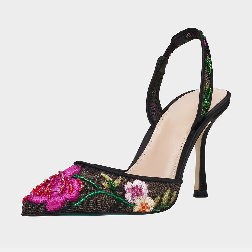 Pointed Toe Embroidered Beaded Slingback Black Pumps for Women Nicepairs