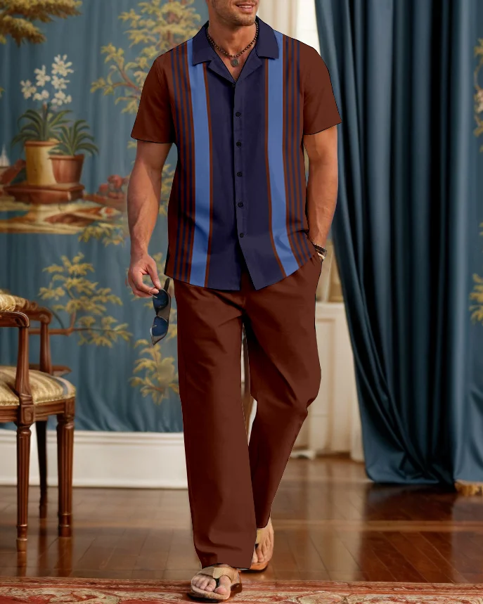 Suitmens Men's Classic Bowling Shirt Contrasting Stripes Walking Suit