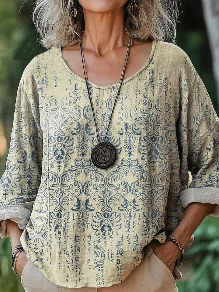 Women's Vintage Ethnic Floral Art Print Casual Cotton And Linen Shirt