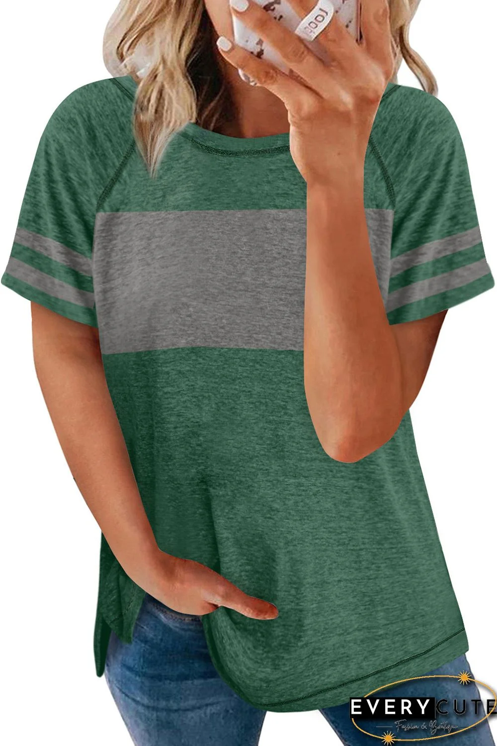 Green Stripe Sleeve Colorblock T-shirt