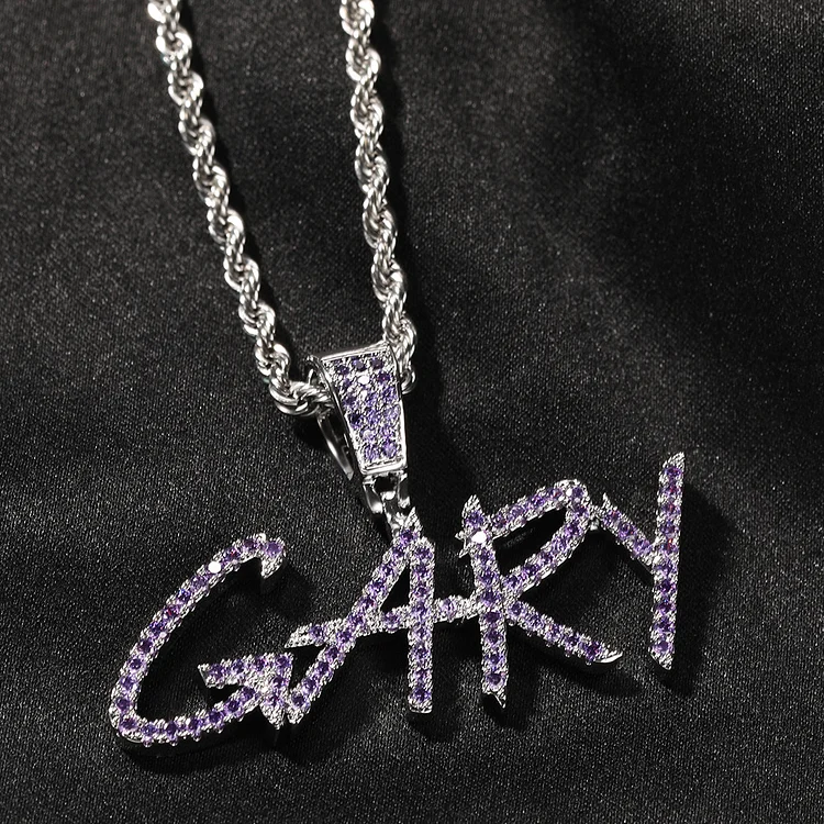 Custom Brush Font Name Pendant Necklace Colored Zircon Straw Letter Pendant Personalized Hip Hop Jewelry
