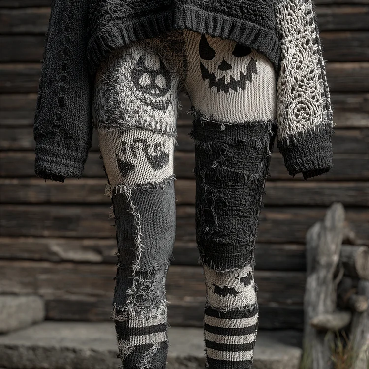 Halloween Pumpkin Face Frayed Patchwork Cozy Knit Leggings