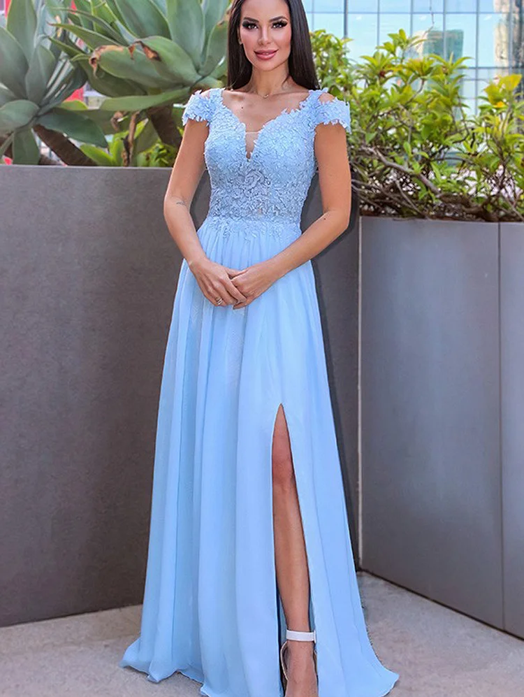 A Line Princess Chiffon Evening Dress Bohemian Floor Length Applique Off-the-Shoulder Prom Party Gowns