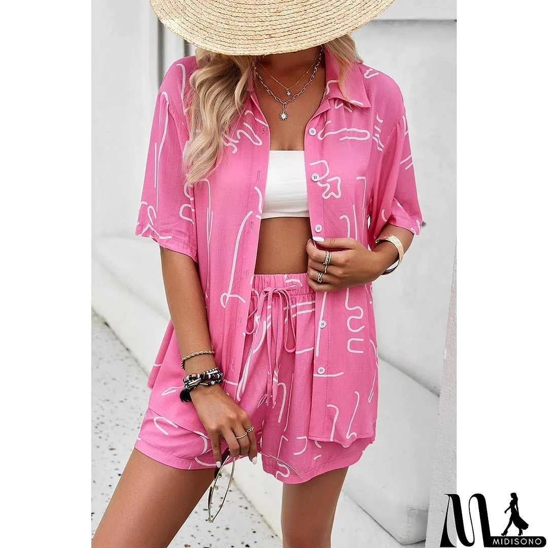 MidiSono - Allover Print Elastic Shorts Two Pieces Button Set