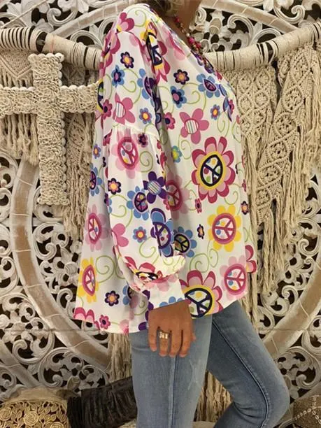 Women Loose Slim V-neck Print Puff Sleeve Long Sleeve T-shirt Tops