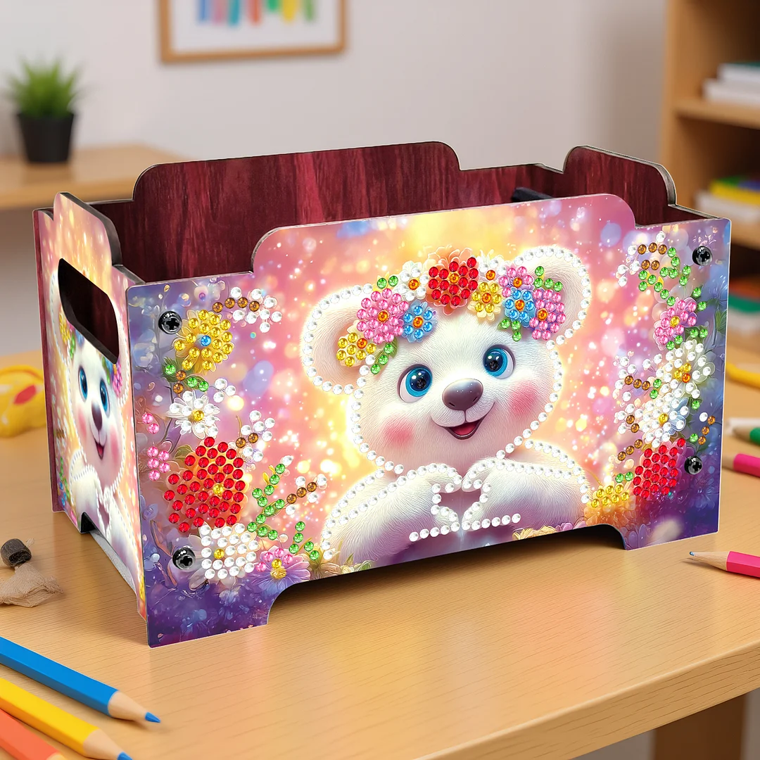 5D DIY Diamond Painting Art Decorative Storage Box Wood Storage Clutch (Bear)