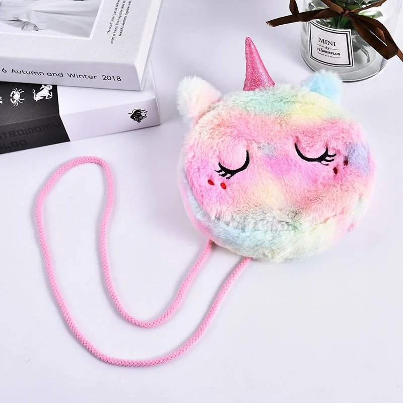 FUDEAM Soft Colorful Plush Unicorn Cat Cartoon Children Coin Purse Cute Animal Kid Shoulder Bag Girl Messenger Bag Mini Handbag